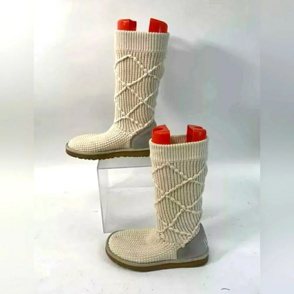 UGG Cream Classic Argyle Ivory Knit Sock Sweater Boots Sz 6